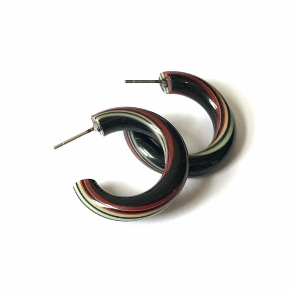 Black Stripe Vintage Lucite Tube Hoop Earrings - Picture 4 of 8